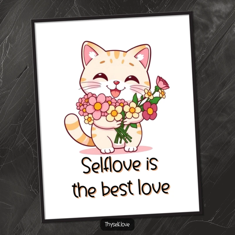 Funny Free Printable Cat Wall Art: A smug cat presents a bouquet to itself, radiating pride and self-love. Charming, humorous decor.