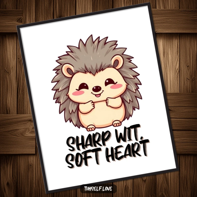 Funny Free Printable Wall Art featuring a happy hedgehog fluffing its quills with a big smile, radiating joy and cuteness.