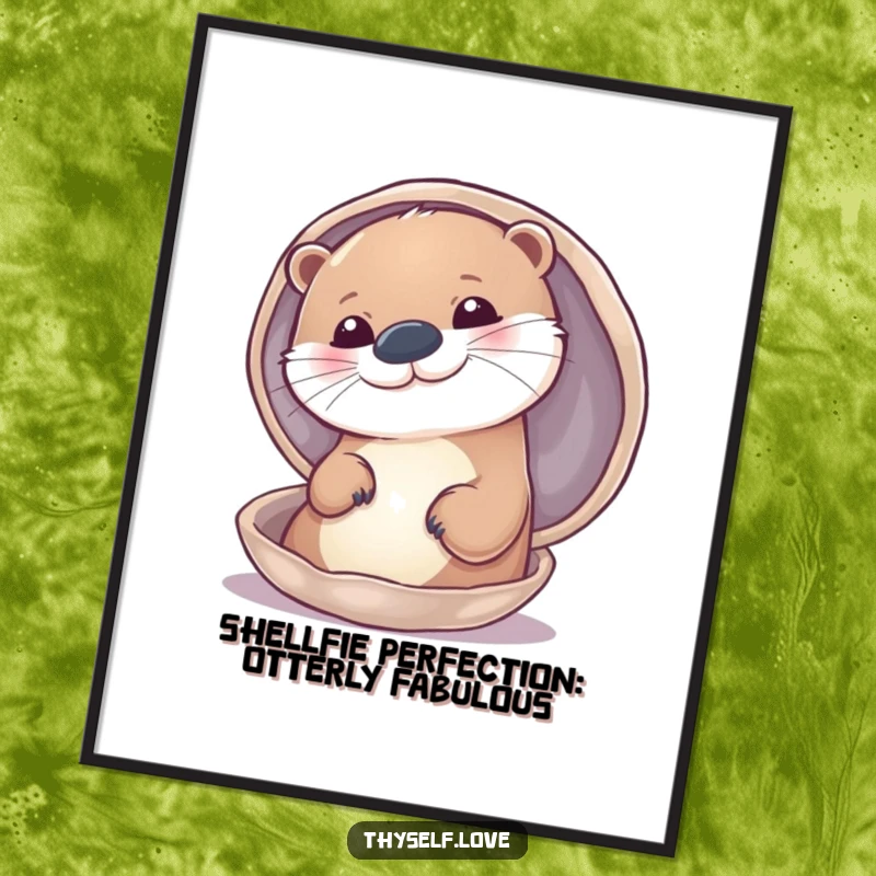 Funny Free Printable Wall Art: A cheerful otter narcissistically admiring its own reflection in a shiny shell.