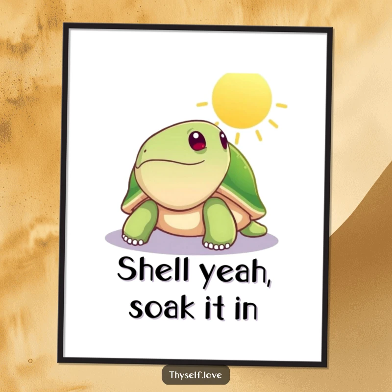 Funny Free Printable Wall Art: A funny, serene turtle joyfully basking in a bright sunbeam, capturing a moment of pure relaxation and bliss, perfect for home decor.