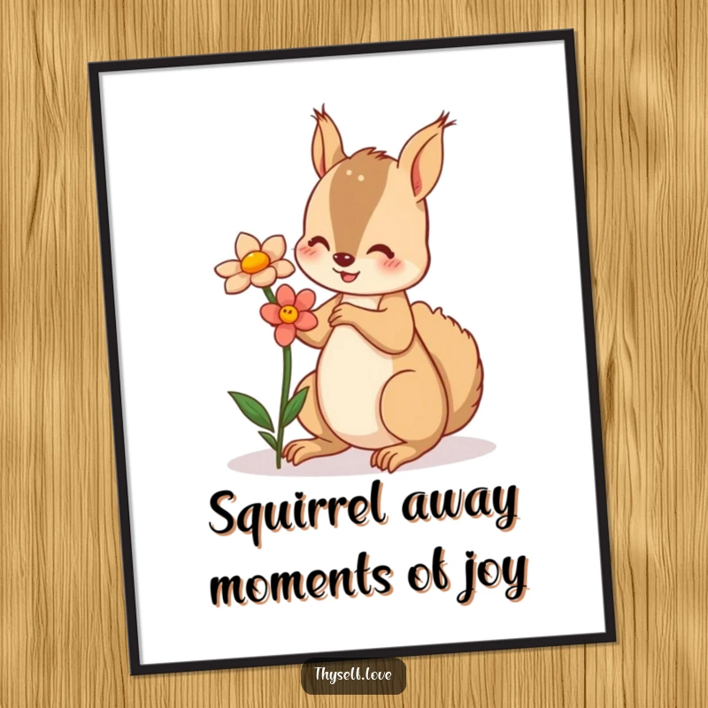 Funny Free Printable Wall Art: A happy squirrel proudly presents a flower to its own reflection.