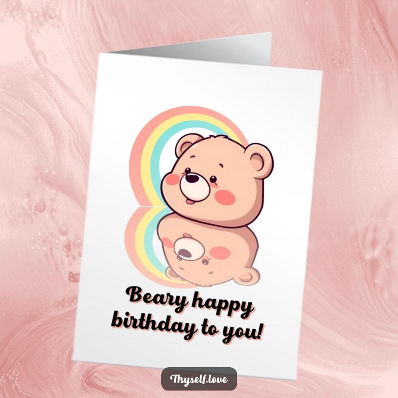 Funny Free Printable Birthday Card featuring a giggling bear seeing a rainbow in its reflection, ready for a DIY gift.