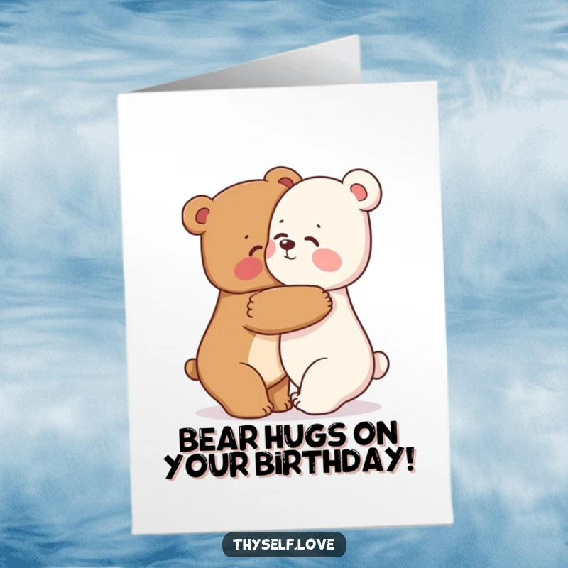 Funny Free Printable Bear Birthday Card: Happy bear embraces its reflection warmly, celebrating self-love and a birthday. A huggable, humorous card.