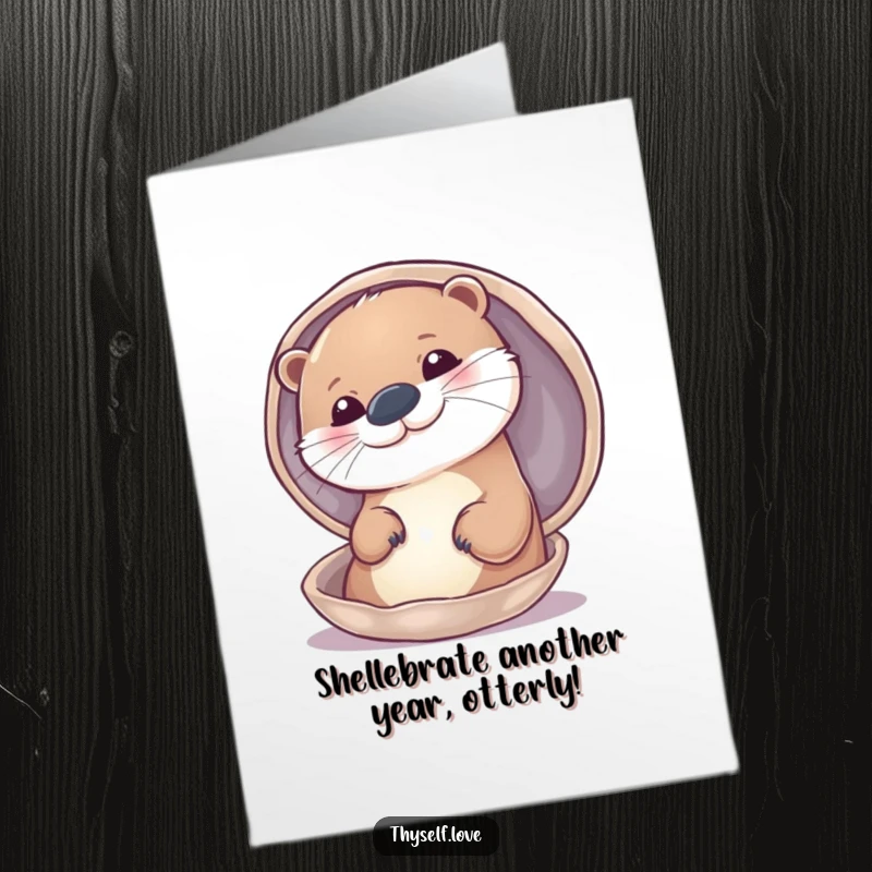 Funny Free Printable Birthday Card featuring a smug otter gazing at its reflection in a polished shell, ready to celebrate.