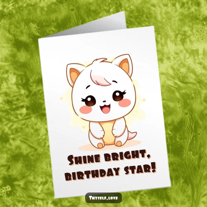 Free printable birthday card, a cheerful character bathed in a soft, warm, golden glow of happiness.
