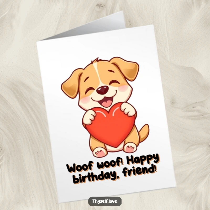 Funny Free Printable Birthday Card: Delighted dog hugging heart, loving, warm, downloadable art.