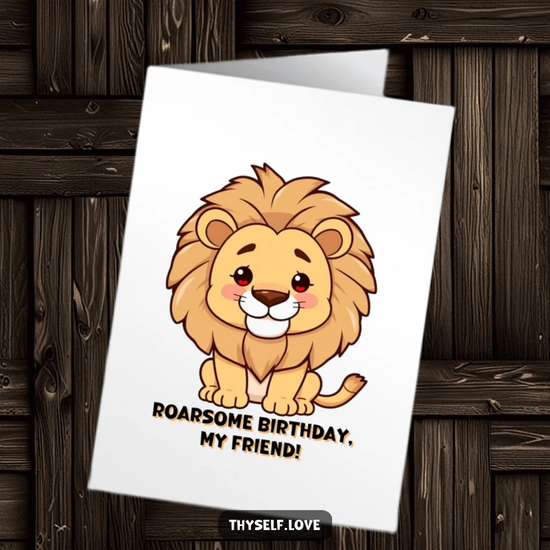 Funny Free Printable Birthday Card: Proud lion smoothing its mane with a confident smile, exuding regality and birthday cheer.