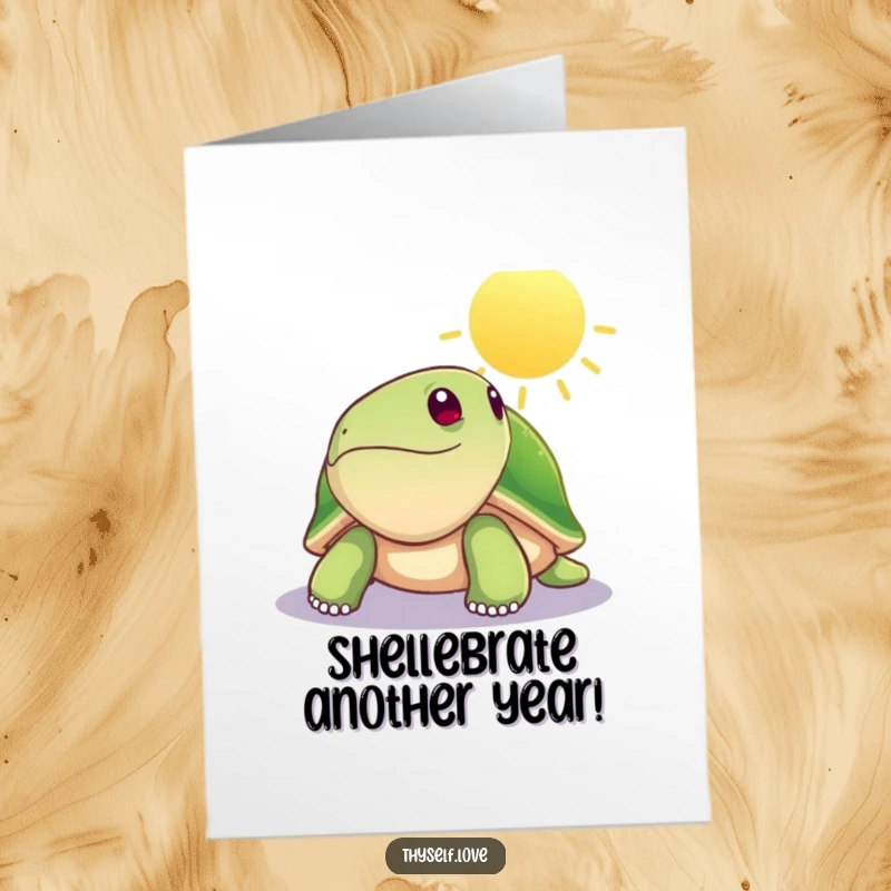 Funny Free Printable Birthday Card: Goofy turtle soaking up sunbeams, looking incredibly relaxed and happy, perfect for a chill birthday wish.
