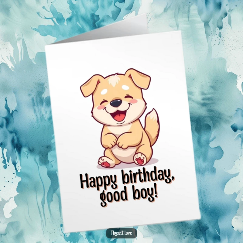 Funny Free Printable Birthday Card: A content dog wags its tail happily while admiring its own paws, wishing a happy birthday.