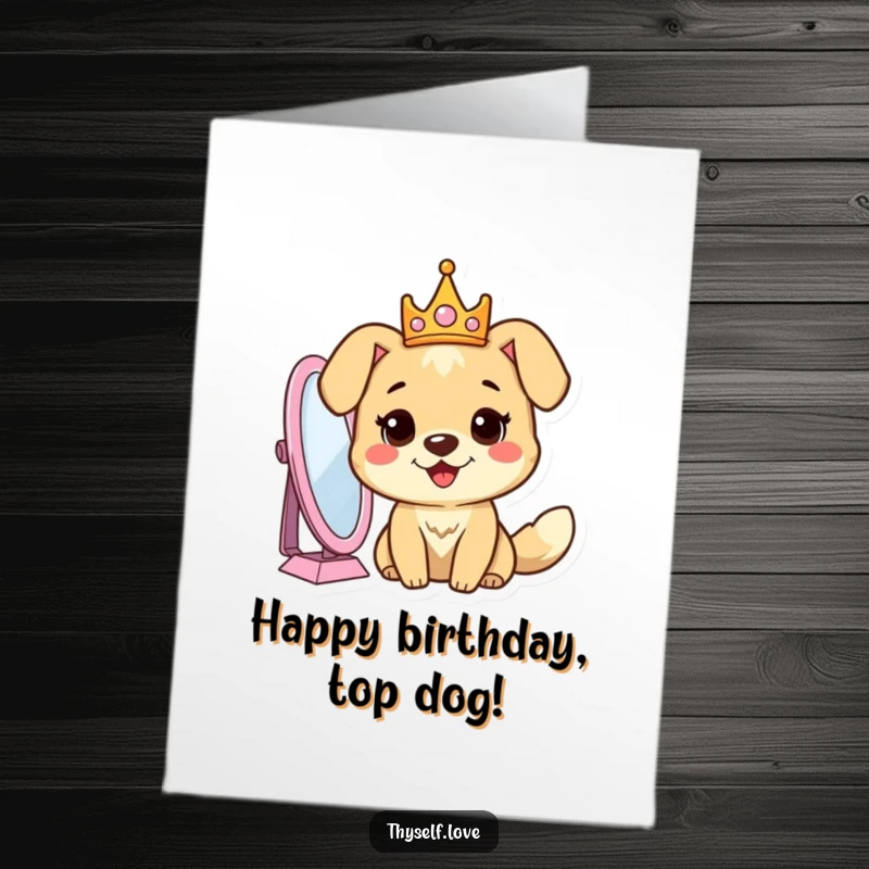 Funny Free Printable Dog Birthday Card: Cheerful dog wearing a crown gazes regally into a mirror, proclaiming its birthday best.