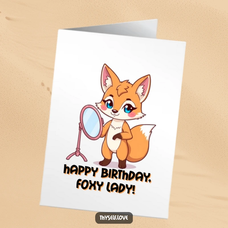 Funny Free Printable Fox Birthday Card: Confident fox poses with a vanity mirror, checking its fabulous birthday look. Chic and humorous.