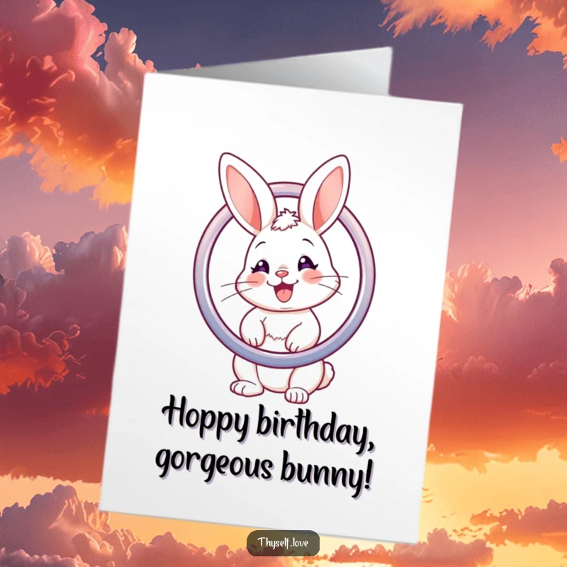 Funny Free Printable Birthday Card showing a smiling bunny gazing endearingly at its reflection in a mirror.