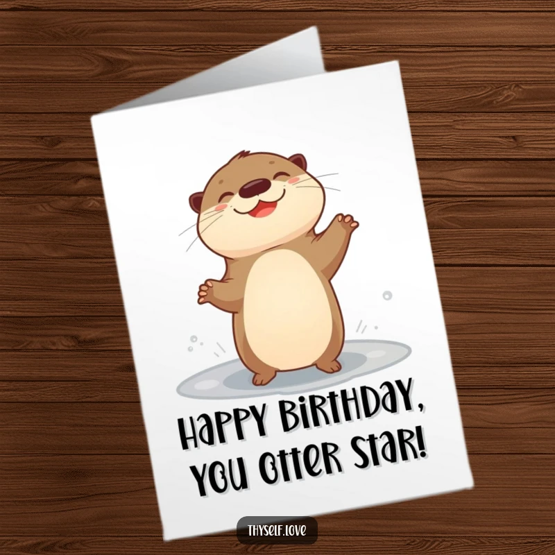 Funny Free Printable Birthday Card: A giggling otter dances with glee beside a puddle, celebrating a joyful birthday.
