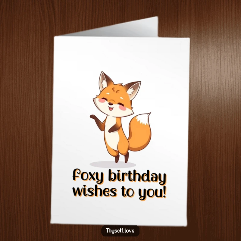 Funny Free Printable Birthday Card: Smiling fox playfully dancing, twirling with its own distinct shadow.