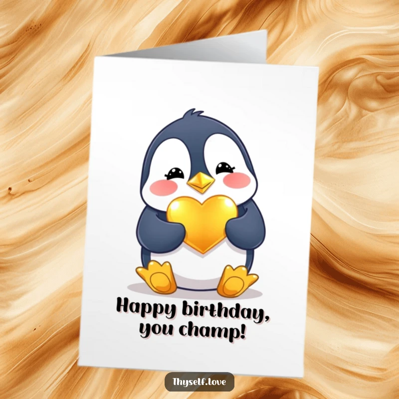 Funny Free Printable Birthday Card: Cheerful penguin polishing a shiny golden heart, spreading love and birthday wishes.