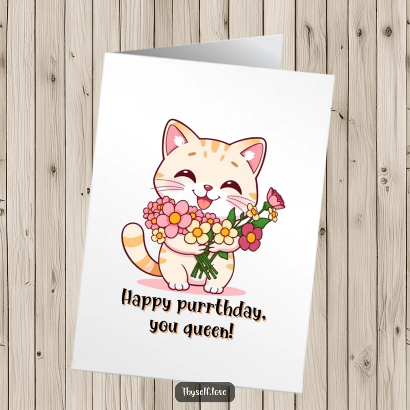 Funny Free Printable Cat Birthday Card: Smiling cat proudly presents itself with a flower bouquet, celebrating its own fabulousness. A charming birthday wish.