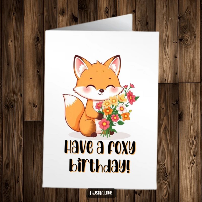 Funny Free Printable Birthday Card featuring a cheerful fox arranging a flower bouquet for itself, a unique downloadable gift.