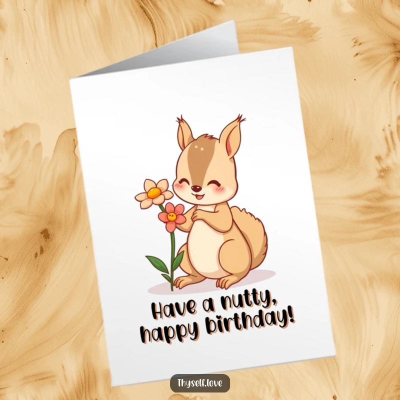 Funny Free Printable Birthday Card: A playful squirrel offers a flower to its own happy reflection.