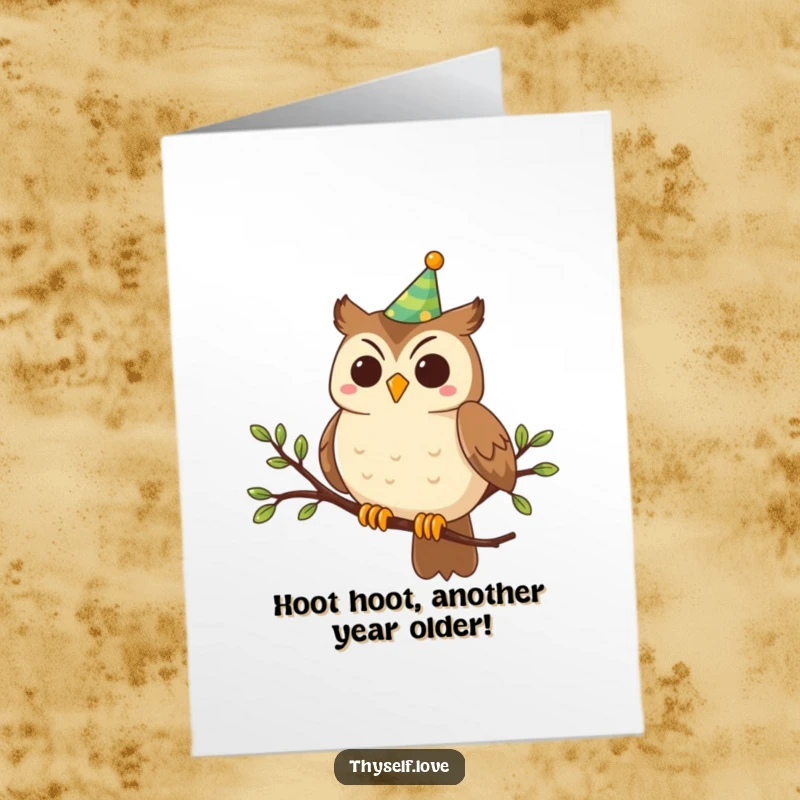 Funny Free Printable Birthday Card: Smiling owl in a party hat on a branch, ready to celebrate with a hoot.