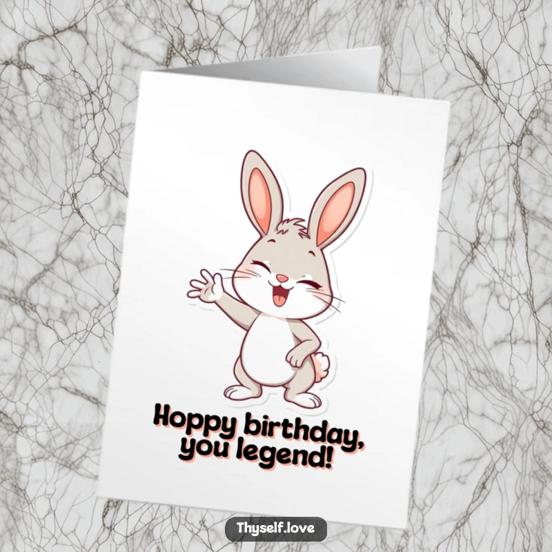 Funny Free Printable Birthday Card featuring a joyful bunny striking a cool pose and giving a playful wink.