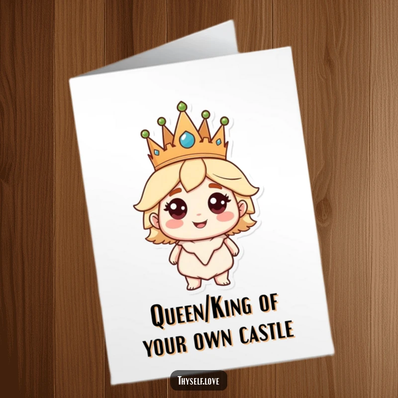 Funny free printable birthday card, a character wearing a golden crown, smiling with undeniable self-assurance.