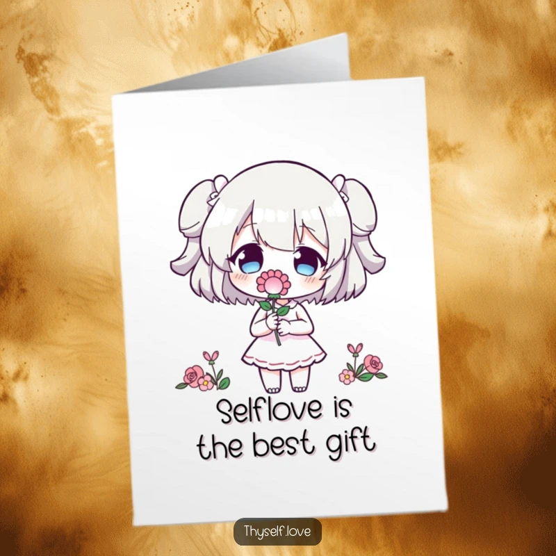 Funny free printable birthday card featuring a character offering a flower to its quirky, amused silhouette.