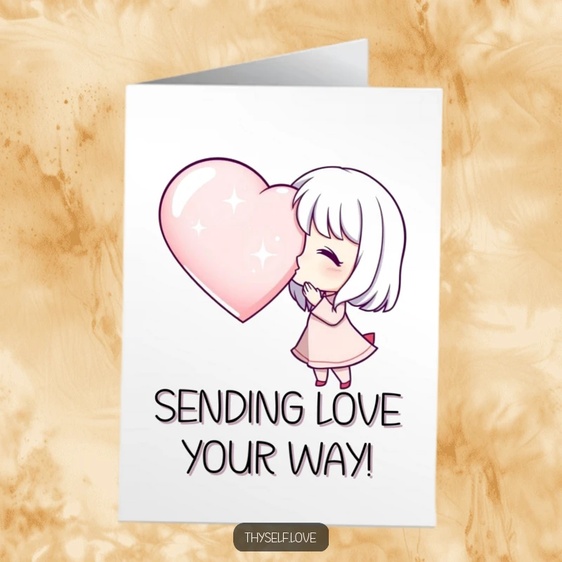 Funny free printable birthday card, a character blowing a kiss towards a large, sparkling, radiant heart.
