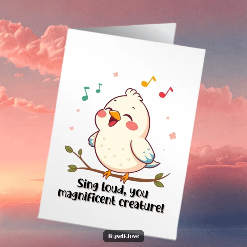 Funny Free Printable Birthday Card featuring a contented bird singing a joyful song, spreading happiness and cheerful vibes.