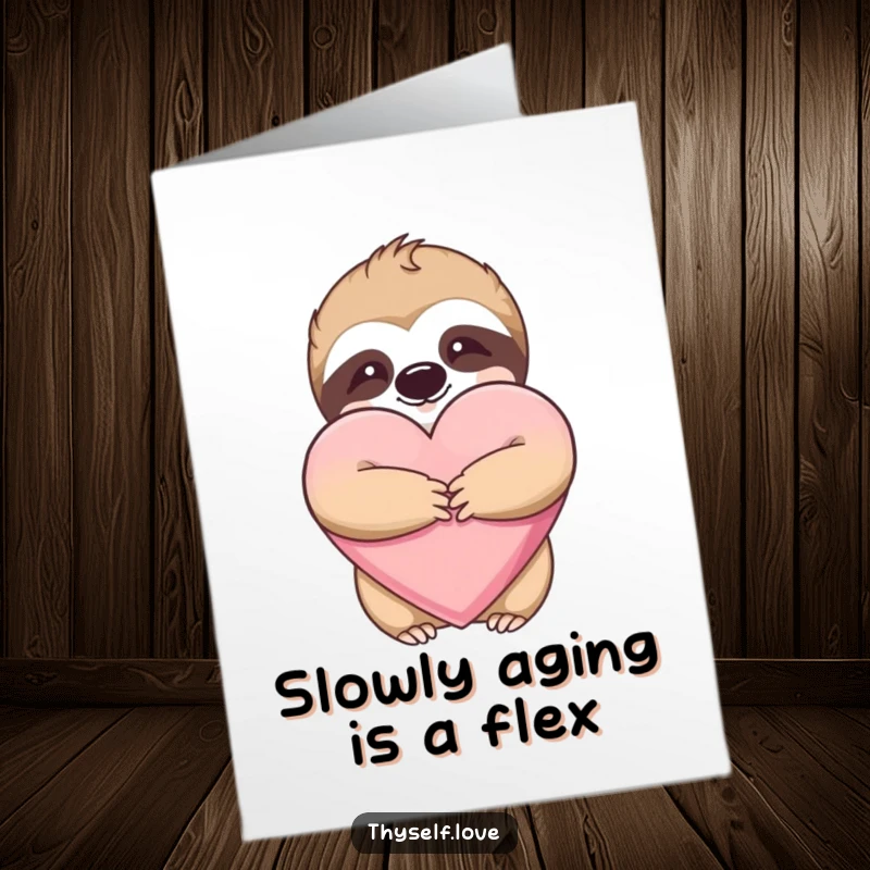 Funny Free Printable Birthday Card: Content sloth lovingly hugs a giant plush heart, spreading birthday cheer with adorable laziness.