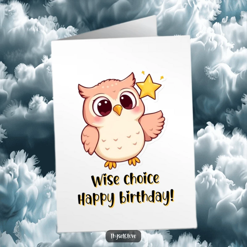 Funny Free Printable Birthday Card: Joyful owl looking at star, magical, wide-eyed, downloadable art.