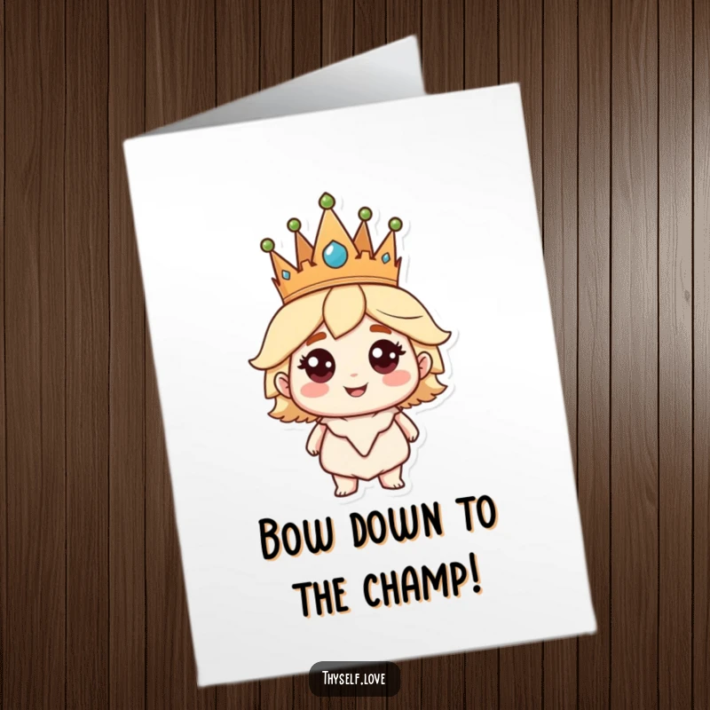 Free printable congratulations card, a character beaming confidently, adorned with a shiny crown of victory.