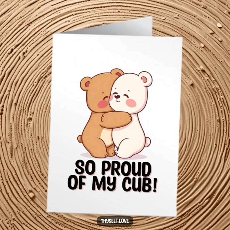 Funny Free Printable Bear Congratulations Card: A happy bear gives its reflection a loving hug, acknowledging personal triumphs. Heartwarming and humorous.