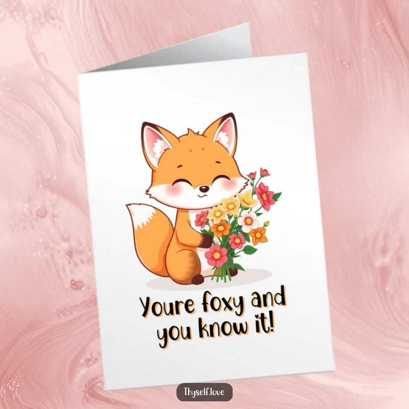 Funny Free Printable Congratulations Card showing a cheerful fox arranging flowers just for itself, a memorable downloadable gift.