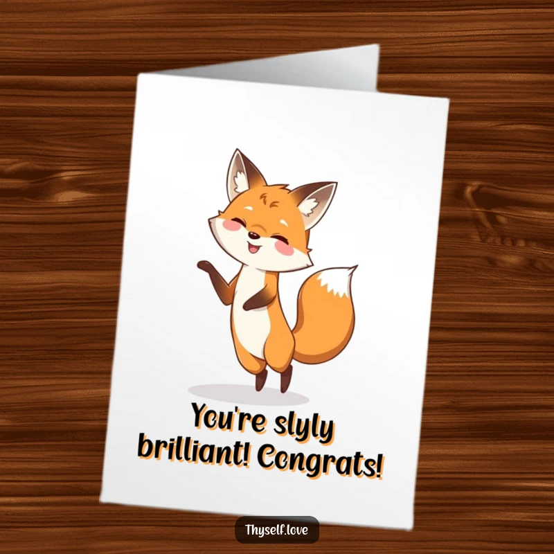 Funny Free Printable Congratulations Card: Smiling fox energetically dancing and playfully interacting with its own shadow.