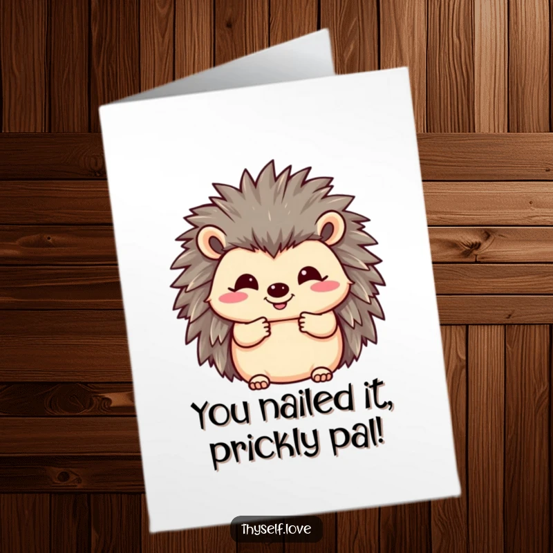 Funny Free Printable Congratulations Card with a happy hedgehog fluffing its quills, celebrating success with a warm smile.