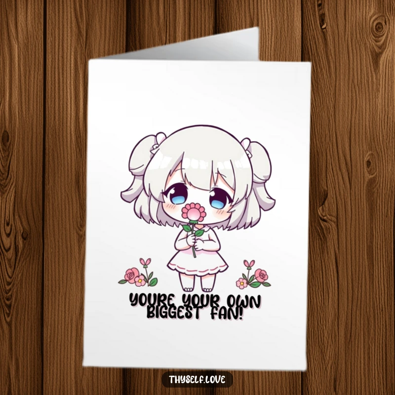 Free printable congratulations card, a character proudly presents a flower to its own funny, self-aware silhouette.