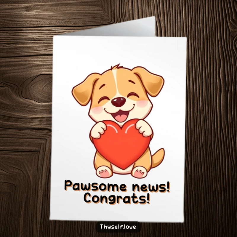 Funny Free Printable Congratulations Card: Happy dog hugging heart, full of love, downloadable art.