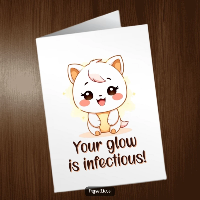 Funny free printable congratulations card, a beaming character engulfed in a gentle, comforting, warm light.