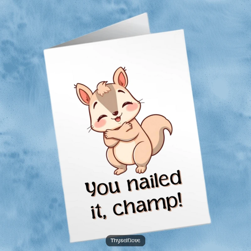 Funny Free Printable Congratulations Card with a happy squirrel hugging itself, celebrating self-worth.
