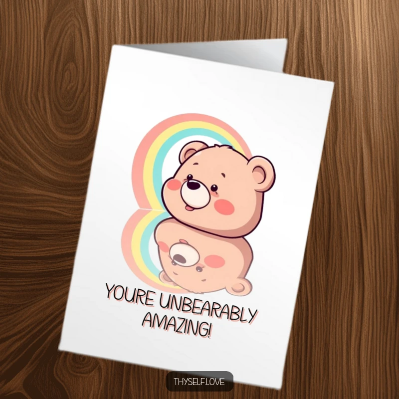Funny Free Printable Congratulations Card showing a giggling bear marveling at a rainbow reflection, perfect for a downloadable gift.