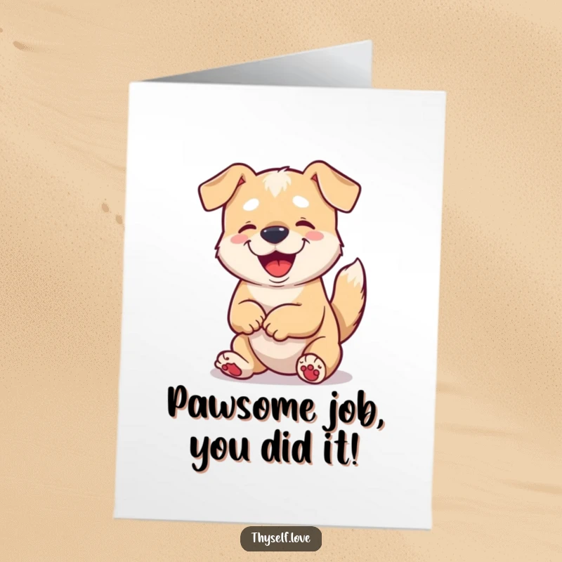 Free Printable Congratulations Card: A content dog wags its tail, looking proudly at its paws, celebrating a well-deserved success.