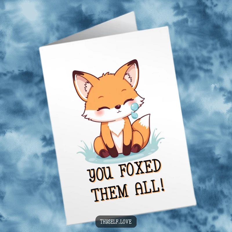 Funny Free Printable Congratulations Card: Cheerful fox admiring its reflection in a sparkling dewdrop, celebrating brilliance.