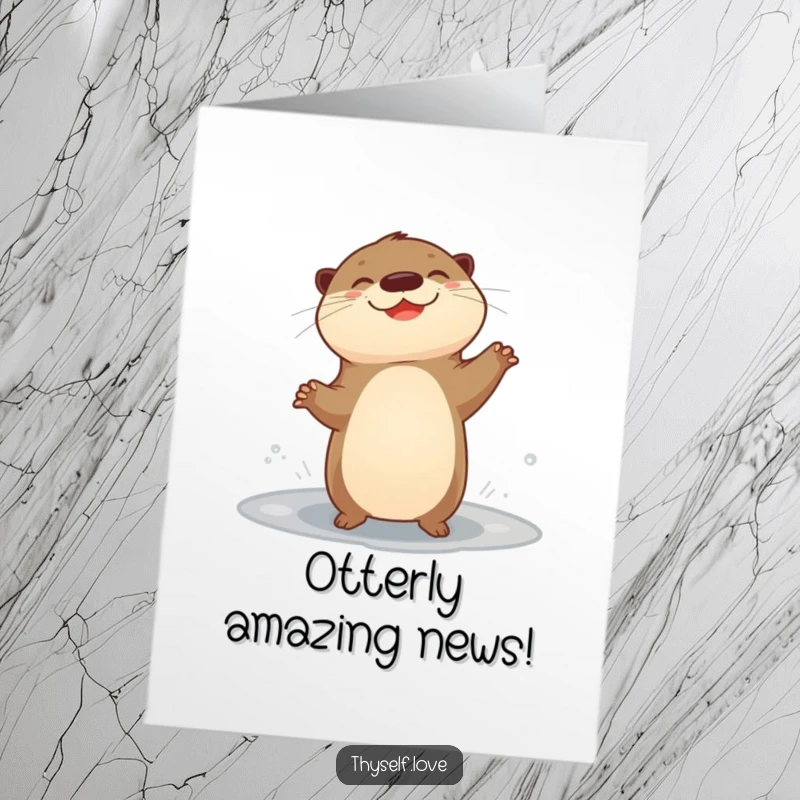 Free Printable Congratulations Card: A happy otter dances energetically in front of a puddle, celebrating a momentous achievement.