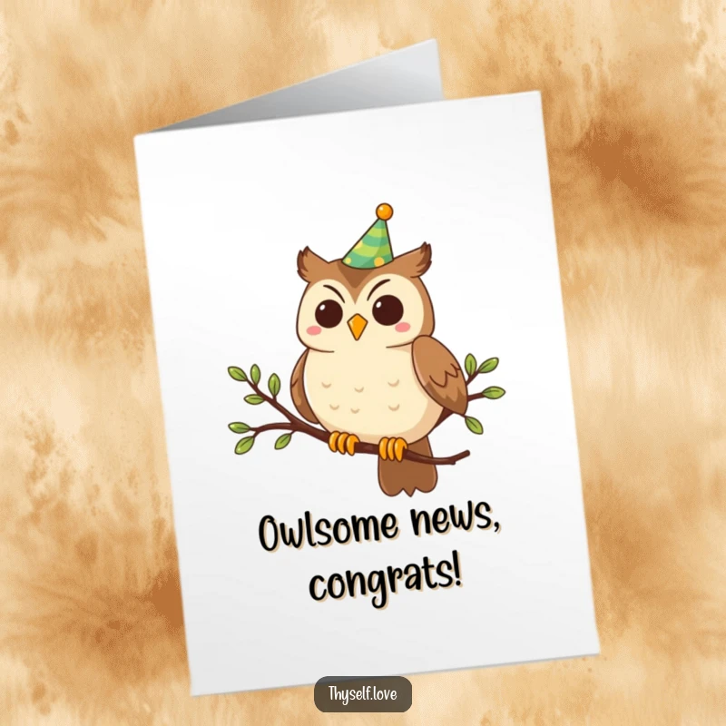 Funny Free Printable Congratulations Card: Smiling owl in a party hat, perched and ready to offer congratulations.