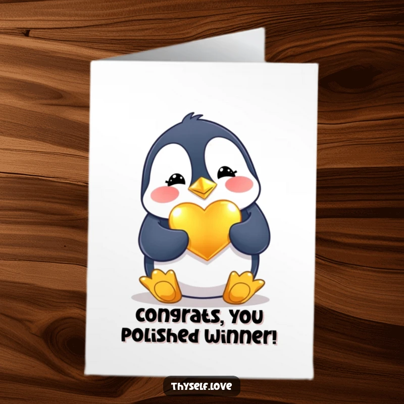 Funny Free Printable Congratulations Card: Cheerful penguin polishing a shiny golden heart, celebrating a big win.
