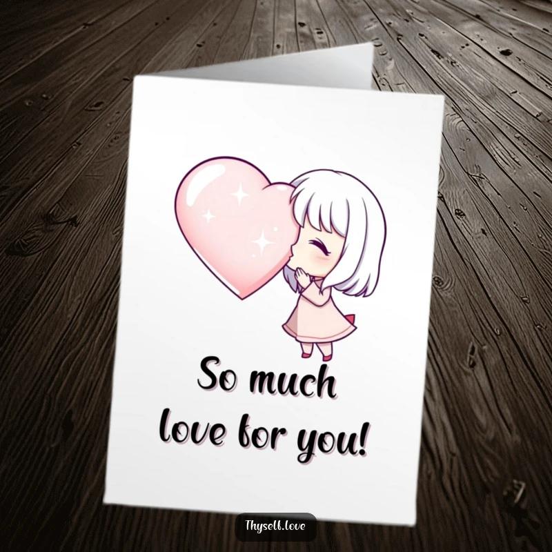 Free printable congratulations card, a character sending a kiss towards a big, glittering, beautiful heart.