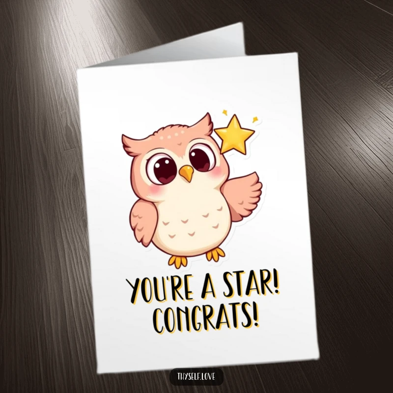 Funny Free Printable Congratulations Card: Owl gazing lovingly at a sparkling star, wonder, downloadable art.