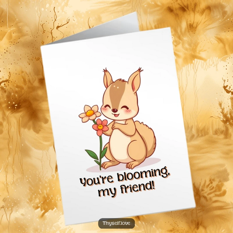Funny Free Printable Congratulations Card: A cheerful squirrel extends a flower towards its reflection.