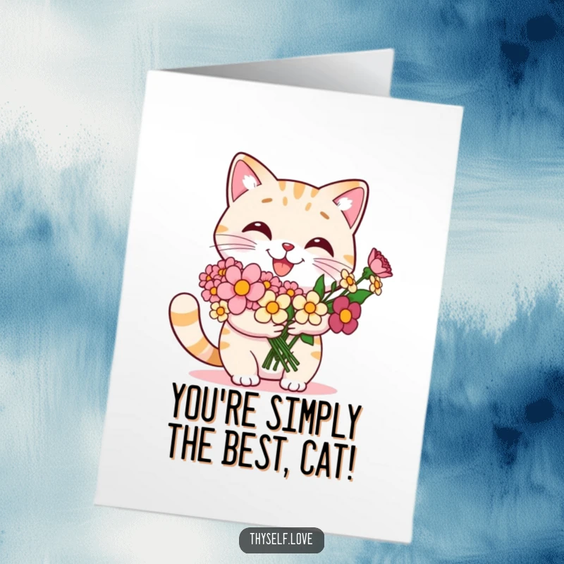 Funny Free Printable Cat Congratulations Card: Proud cat offers a flower bouquet to itself, beaming with self-admiration. A sweet, funny celebration.