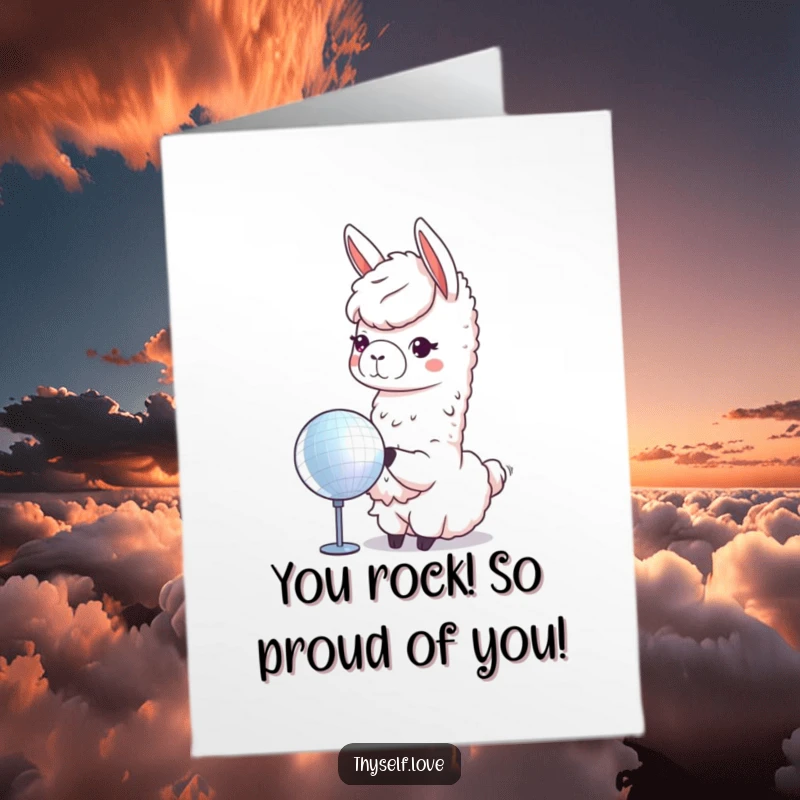 Funny Free Printable Llama Congratulations Card: Adorable llama admiring own sparkle in disco ball, celebrating triumph. A witty congratulatory design.